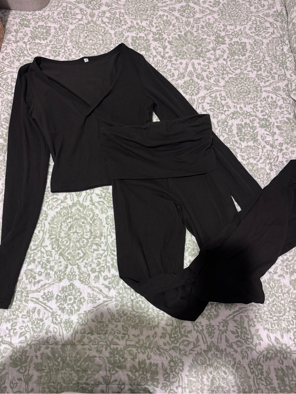 Black Women's Long Sleeve Top & fold over wide leg pant Set